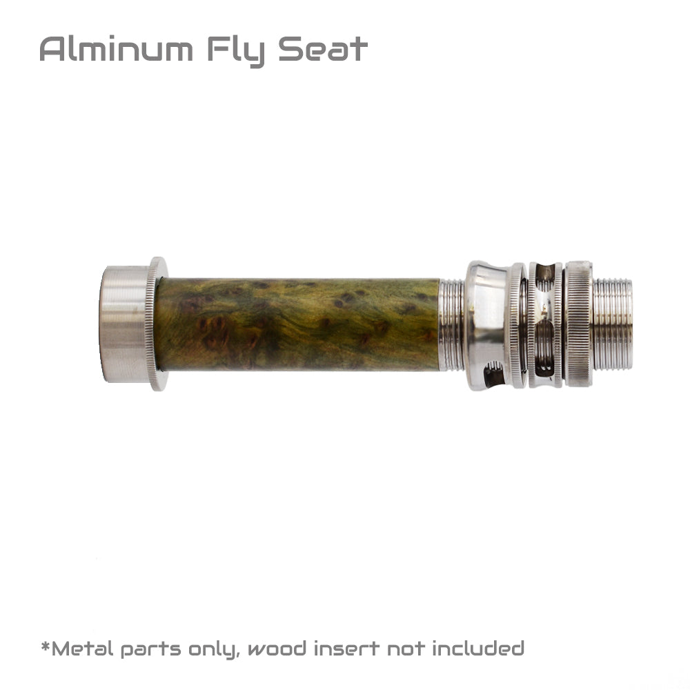 Aluminum fly reel seat with dark wood insert and knurled threaded end
