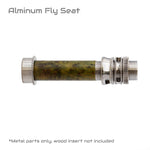 Aluminum fly reel seat with dark wood insert and knurled threaded end