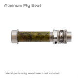 Aluminum fly reel seat with dark wood insert and knurled threaded end