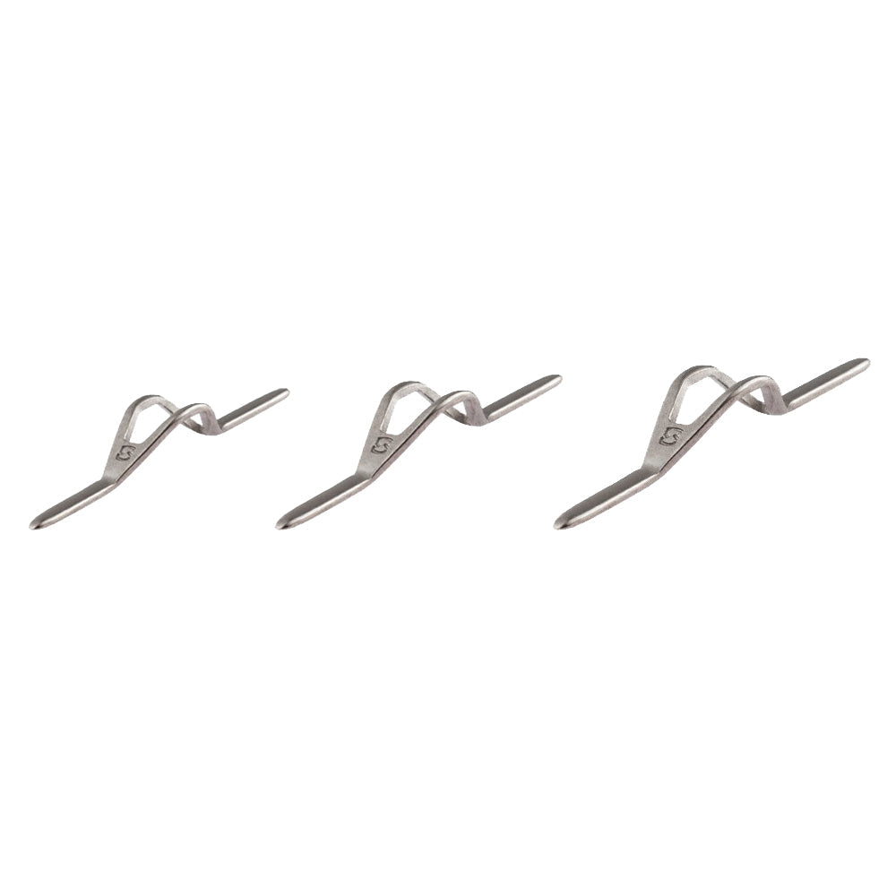 Silver-gray titanium hook keeper clip with loop and two fork prongs
