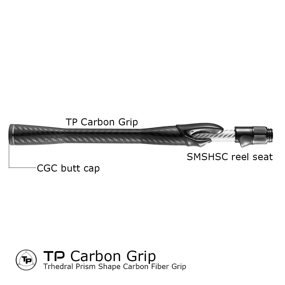 Trihedral carbon fiber fishing rod grip with butt cap and textured surface