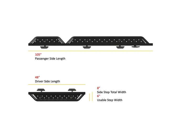 Ford Transit side step system with perforated tread and side step mounting tabs