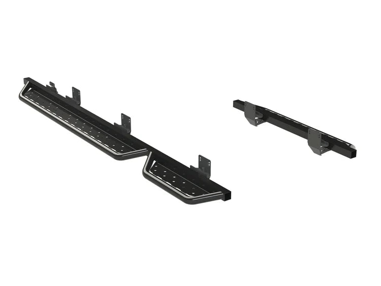 Black perforated side step bars for Ford Transit, with mounting brackets