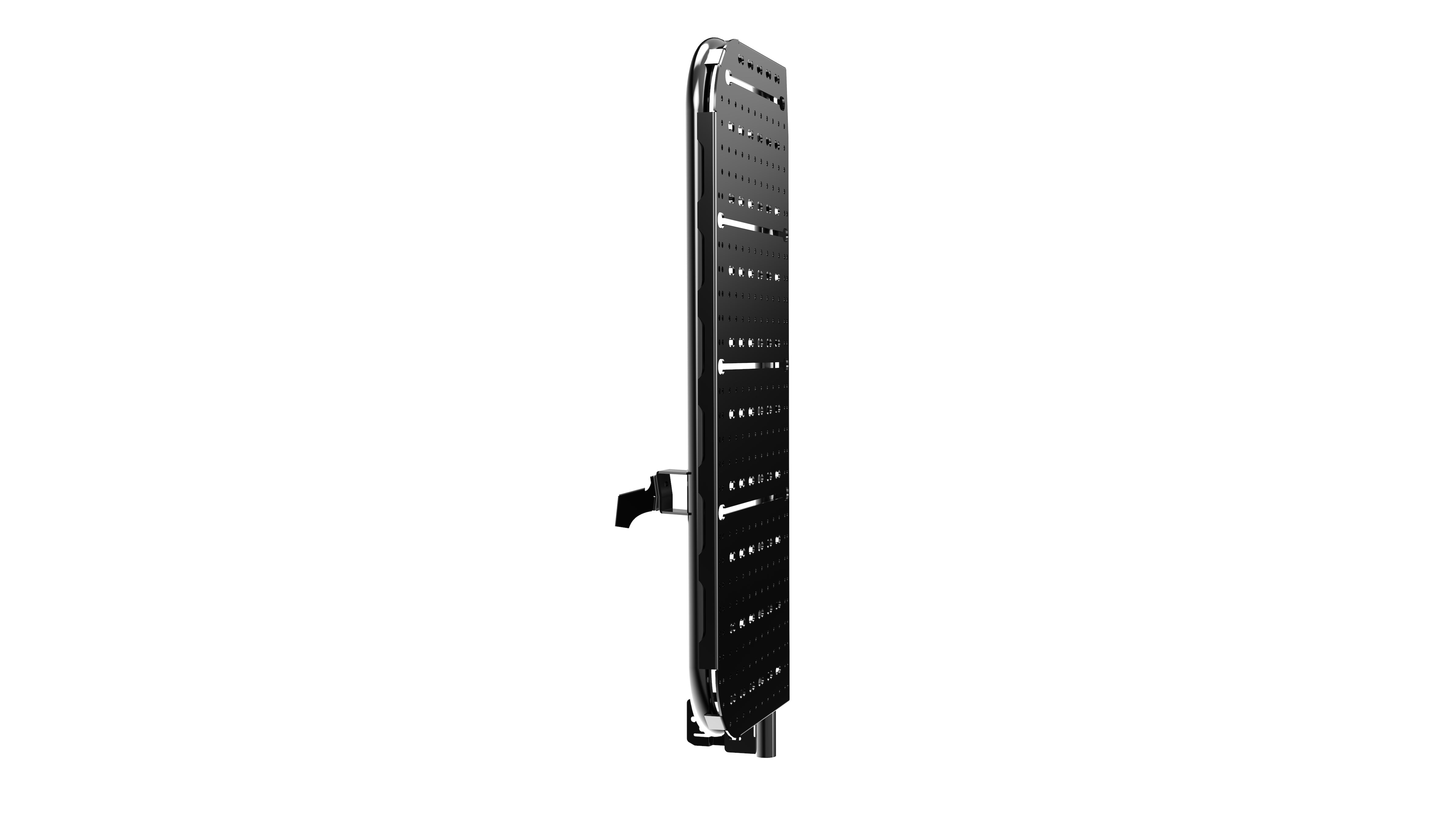 Passenger-side rear door storage rack with perforated steel panel and brackets
