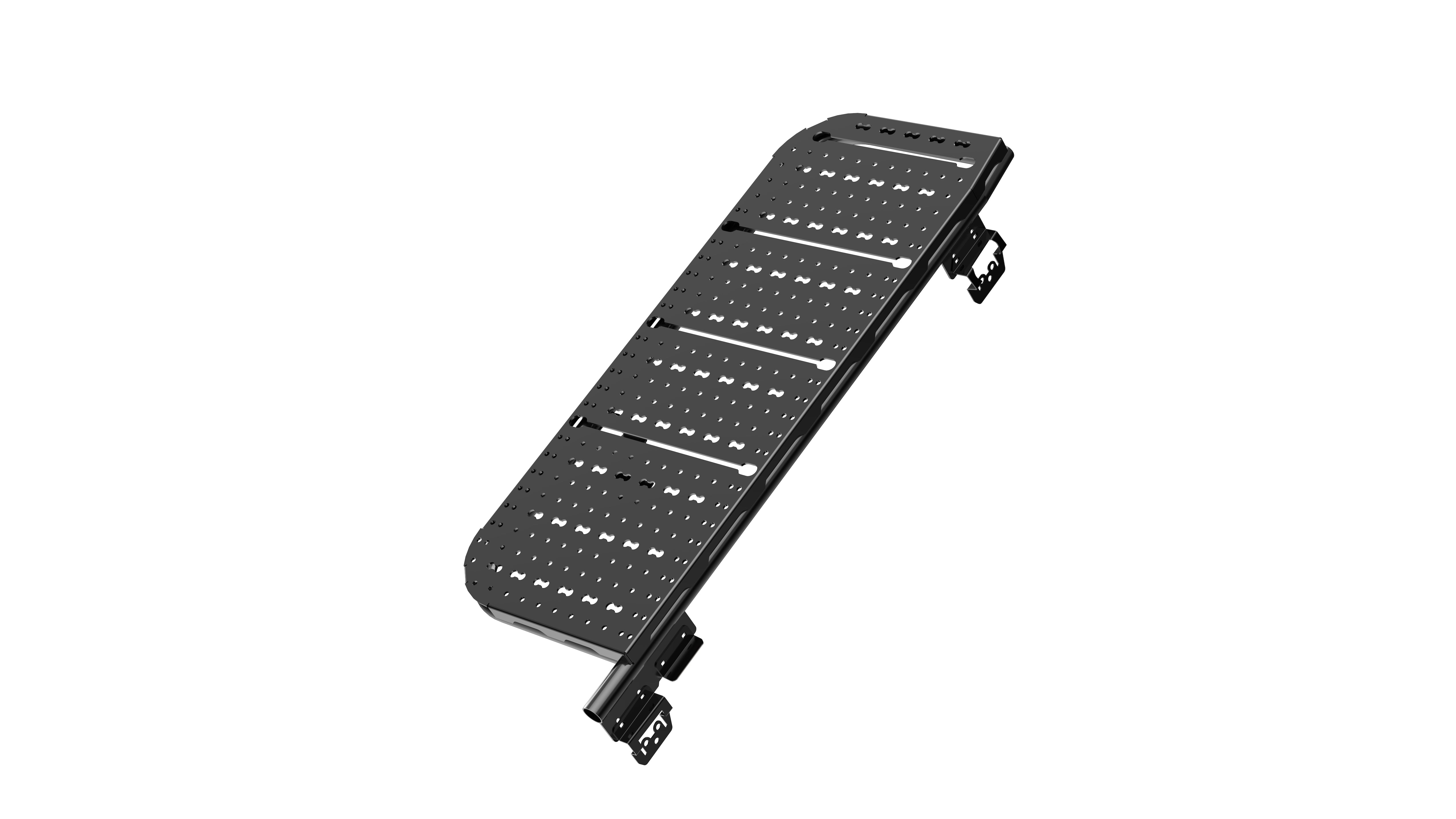 Passenger-side rear door storage rack, dark perforated panel with corner mounting brackets