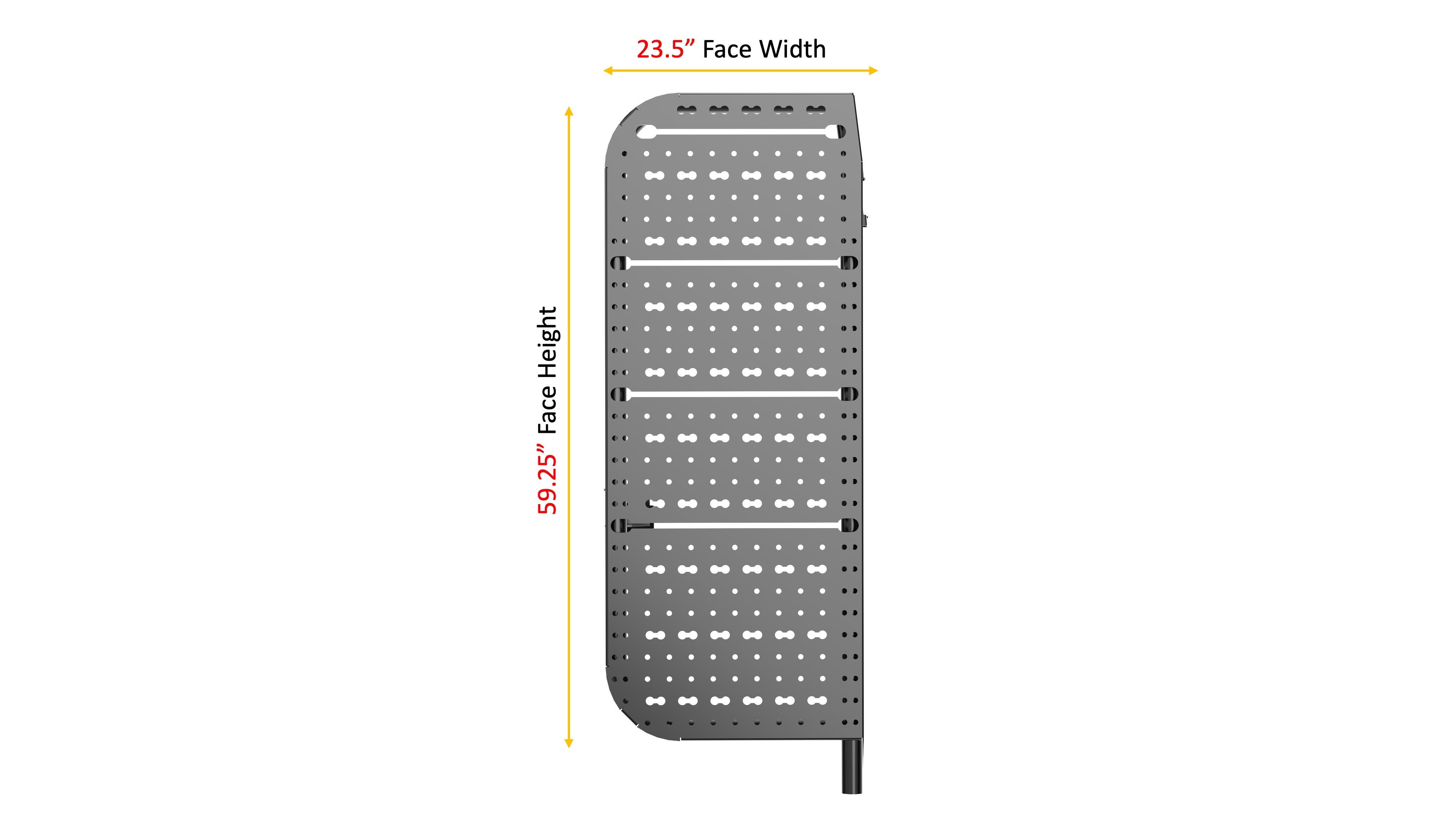 Perforated rear-door storage rack panel, passenger side, with vertical mounting posts