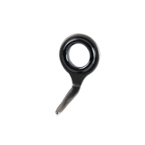 Black single-foot fishing line guide with ceramic ring, angled view