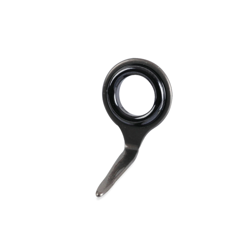 Black single-foot fishing line guide with ceramic ring, angled view