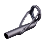 Fishing rod tip top with dark ring and silver tube, angled close-up