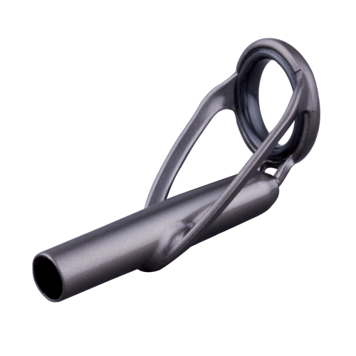 Fishing rod tip top with dark ring and silver tube, angled close-up