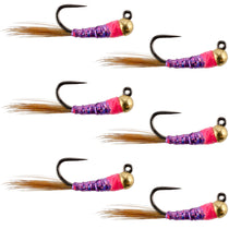 Purple beadhead nymph fly set with gold hooks, pink bodies and copper tails