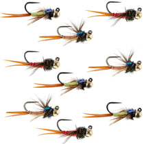 Copper bead head nymph flies, orange legs, green-black body with blue and brown accents