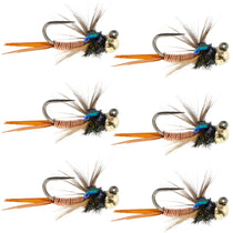 Multiple copper bead nymph flies with orange tails and teal accents, barbed hooks