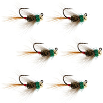 Set of green bead nymph fishing flies with dark body and red accents
