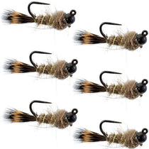 Set of six tan and black beadhead nymph fly lures with barbed hook and feather tail