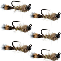 Set of hare-fur nymph flies with dark bead heads, tan fibers, black hooks