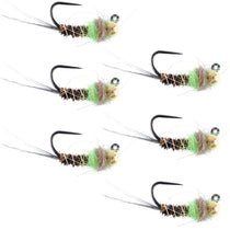 Green-brown pheasant tail nymph flies with tungsten bead heads, size 16, 4-pack