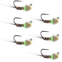 Chartreuse pheasant-tail nymph fly with tungsten bead and black hook