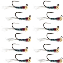 Set of tungsten nymph flies with black hooks, bead heads, teal-blue striped bodies