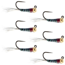 Tungsten bead nymph flies: striped dark body, teal/red, gold bead and barbed hook