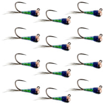 Set of Euro nymph fishing flies, multiple blue-and-green jigs with hooks