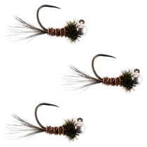 Three pheasant tail jig nymph flies, black with copper rib and clear bead head