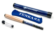 Mini tenkara fishing rod with blue fabric sock and blue hard tube case