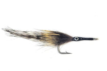 Feather fishing lure with dark body, yellow-tipped tail, and barbed hook