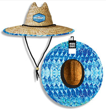 Woven straw sun hat with blue tarpon fish print patch and black chin strap