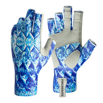 Fin-Flank Tarpon sun gloves, blue fish-print fabric with finger openings and thumb hole