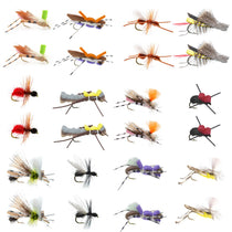 Trout fly assortment of mixed terrestrial hoppers, ants, and beetles with fly hooks