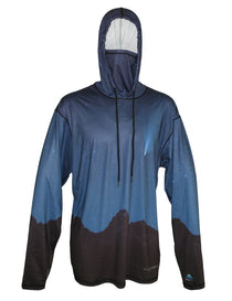 Sun protective wildlife graphic hoodie in dark navy, front view with hood drawstrings