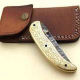 Everyday Carry Hand Engraved Damascus Steel Folding Pocket Knife with Brass Handle – The Artisan