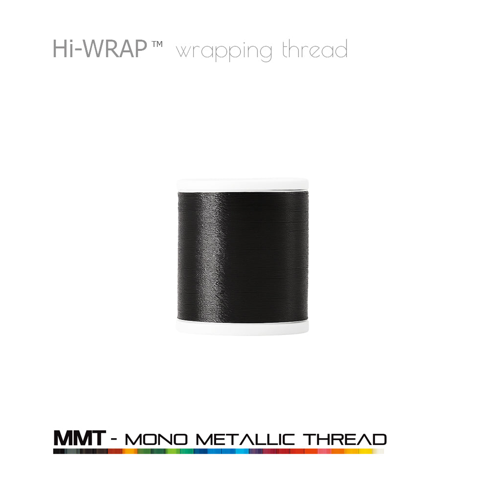 Metallic wrapping thread spool, black mono metallic thread on a white base