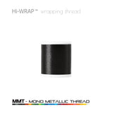 Metallic wrapping thread spool, black mono metallic thread on a white base