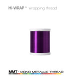 Metallic wrapping thread spool, purple mono metallic thread on a white base
