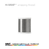 Metallic wrapping thread spool, brushed silver mono metallic thread on a white base