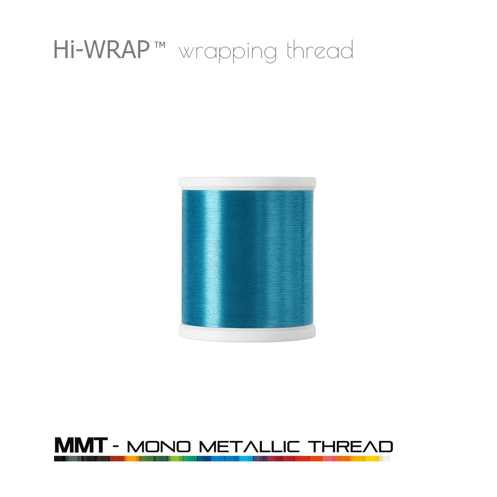 Metallic wrapping thread spool, blue mono metallic thread on a white base