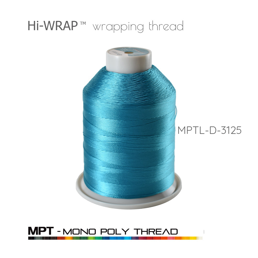 Hi-WRAP™ mono poly thread spool, turquoise on white plastic bobbin