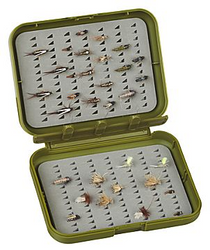 Olive fly box with open foam insert holding multiple fly hooks in rows