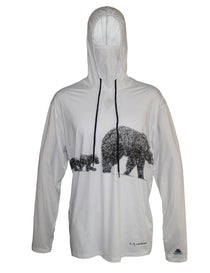 Light gray sun-protective hoodie with bear graphic front and drawstring hood