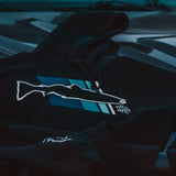 Black hoodie close-up: white and blue fish logo with striped panel design