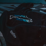 Black hoodie with fish logo on chest and small logo patch on left sleeve