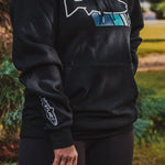 Black hoodie with left sleeve small logo and front pouch pocket