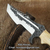 Custom Handmade 1095 Steel Tanto Blade Tracker Knife - Full Tang Bone Handle, 10.5" Overall with Horizontal Leather Sheath | Ideal for Survival & Camping | KBS Knives