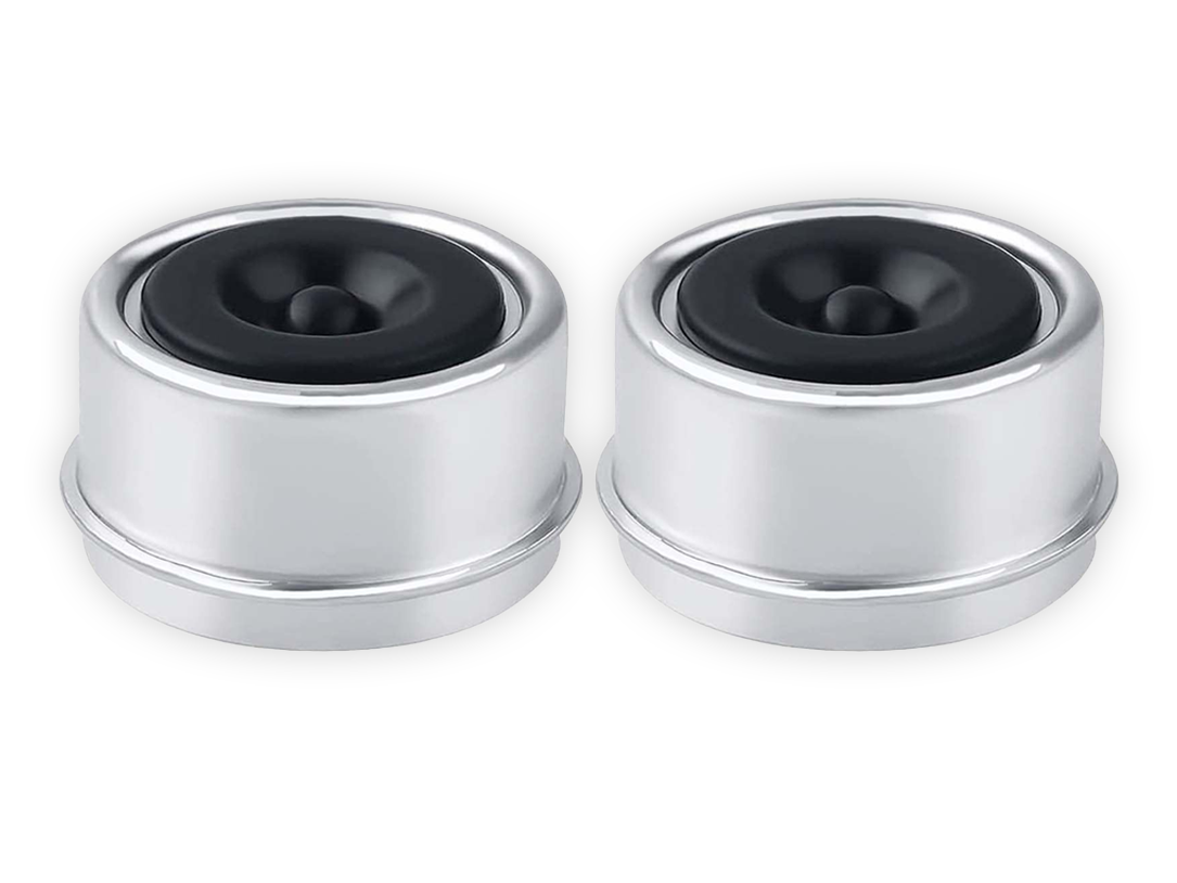 Set of 2 trailer grease caps with black rubber insert, chrome finish