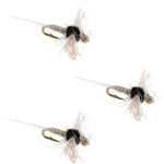 Winged fishing spinner fly with black body, tan feathers, brass hook—size 18