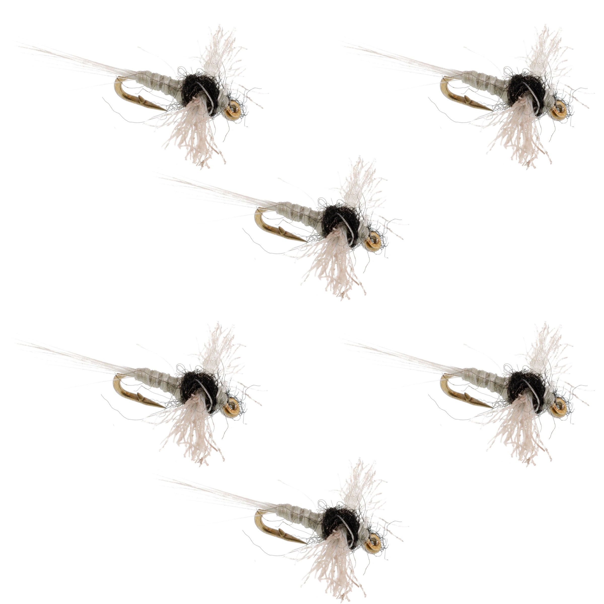Fly hook with black body, tan wing fibers, gold eye; spinner-style