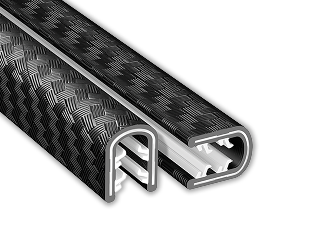 Boat Trim+ black braided trim with silver end connector channel and cutouts