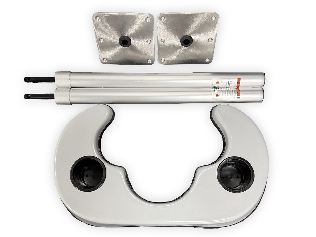 Three-point leg brace assembly with white frame and two black circular end pads